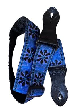 Onori Black and Blue Floral Guitar Strap with Leather Ends